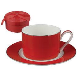 Чайная пара "Калисса" с серебристой обводкой, 200мл, фарфор, в подарочной коробке, цвет красный